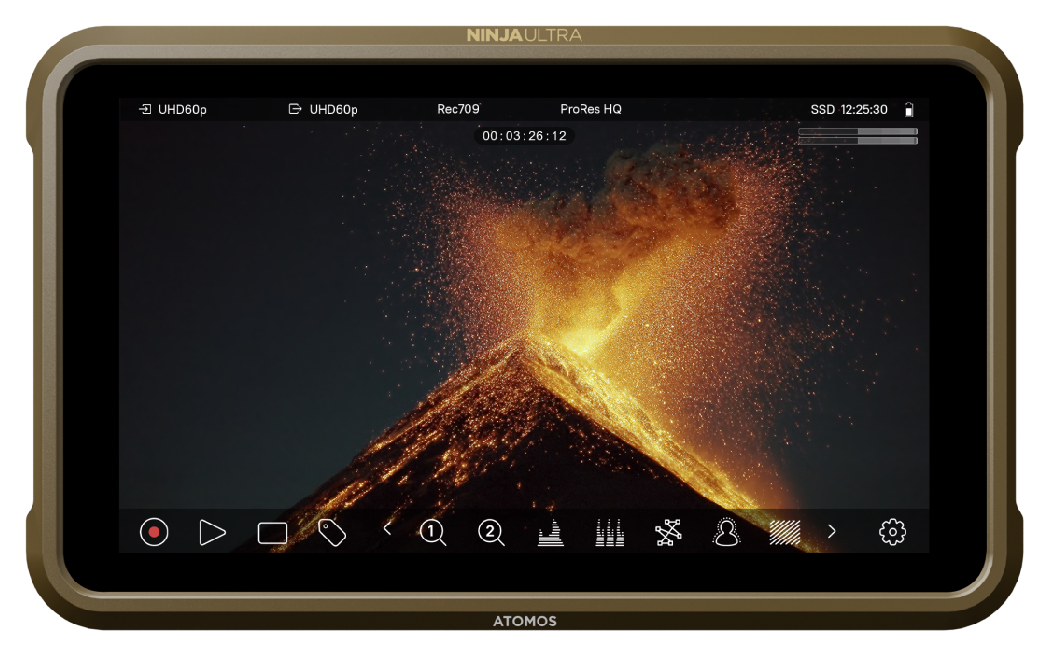 Atomos Ninja Ultra front view showing a Volcano in shot, Atomos Ninja Ultra